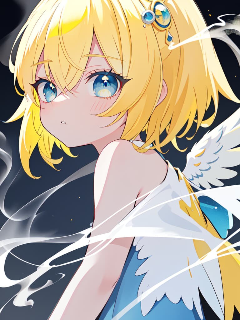  Angel, Blue Eye, Smoke a Cigarette, Smoke, Yellow Hair, Sora, Pierce, looking back, Angel, Angel, masterpiece, best quality,8k,ultra detailed,high resolution,an extremely delicate and beautiful,hyper detail