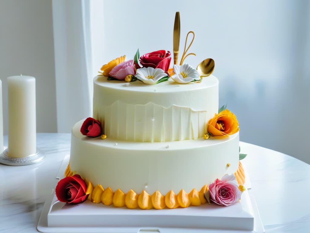  A photorealistic image of a beautifully decorated threetiered cake, showcasing intricate piping work, delicate sugar flowers, and shimmering edible gold accents. The cake sits on a pristine marble countertop, surrounded by highquality baking tools from various reputable brands, such as KitchenAid mixers, Wilton piping bags, and Ateco decorating tips. The soft, natural light filtering through a nearby window highlights the exquisite details of the cake and the gleaming utensils, creating a visually stunning and aspirational scene for baking enthusiasts. hyperrealistic, full body, detailed clothing, highly detailed, cinematic lighting, stunningly beautiful, intricate, sharp focus, f/1. 8, 85mm, (centered image composition), (professionally color graded), ((bright soft diffused light)), volumetric fog, trending on instagram, trending on tumblr, HDR 4K, 8K