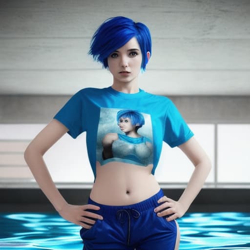  woman under water with short blue hair no reaction t-shirt and pant