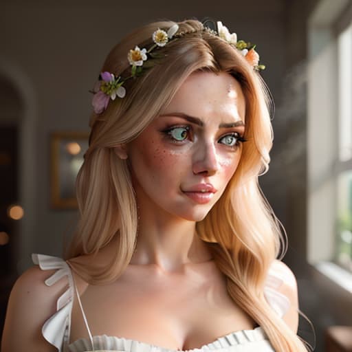  detailed and realistic portrait of a rapunzel maid with a few freckles, long blonde disheveled hairs, multicolor mesmerizing eyes, dark fluffy dress, soft natural lighting, portrait photography, magical photography, dramatic lighting, photo realism, ultra detailed, intimate portrait composition, flowers in background, Leica 50mm, f1. 4 hyperrealistic, full body, detailed clothing, highly detailed, cinematic lighting, stunningly beautiful, intricate, sharp focus, f/1. 8, 85mm, (centered image composition), (professionally color graded), ((bright soft diffused light)), volumetric fog, trending on instagram, trending on tumblr, HDR 4K, 8K