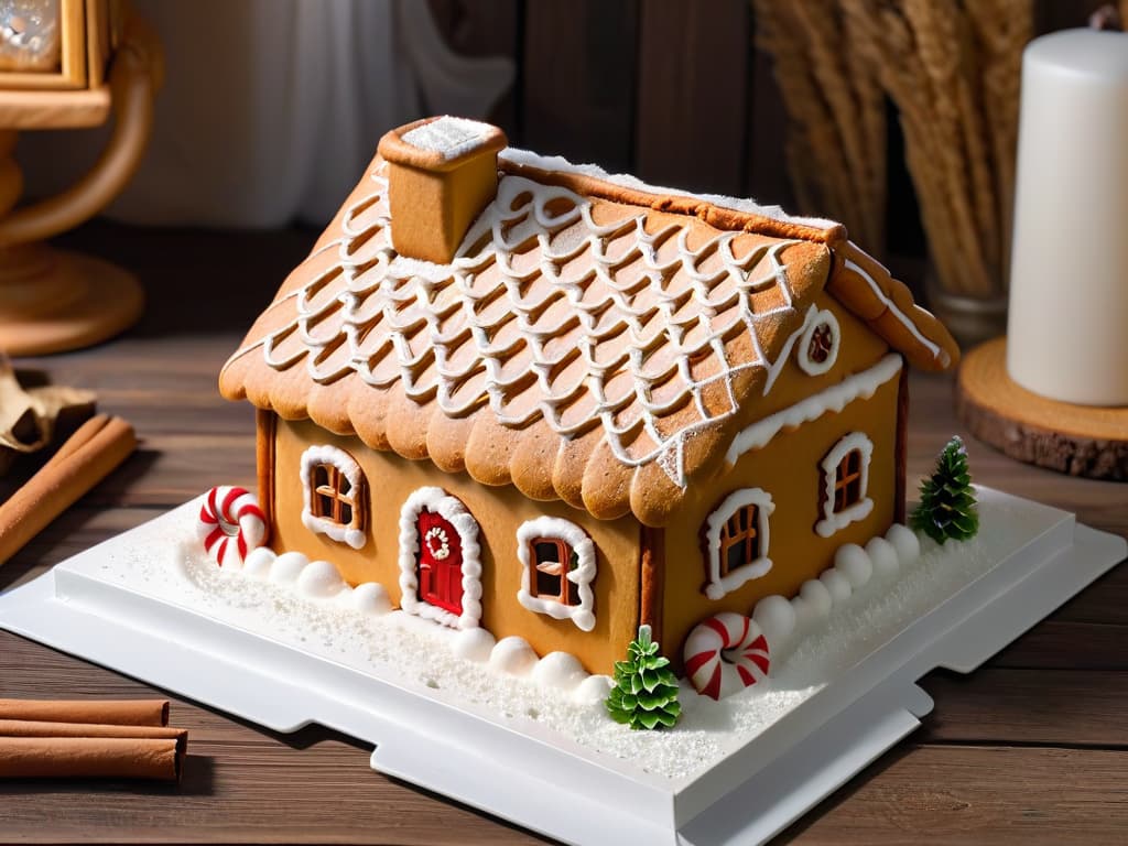  A closeup, ultradetailed image of a perfectly goldenbrown gingerbread house decorated with intricate icing designs, shimmering sugar snow, and miniature candy cane accents, sitting on a rustic wooden table adorned with scattered cinnamon sticks and festive greenery. hyperrealistic, full body, detailed clothing, highly detailed, cinematic lighting, stunningly beautiful, intricate, sharp focus, f/1. 8, 85mm, (centered image composition), (professionally color graded), ((bright soft diffused light)), volumetric fog, trending on instagram, trending on tumblr, HDR 4K, 8K