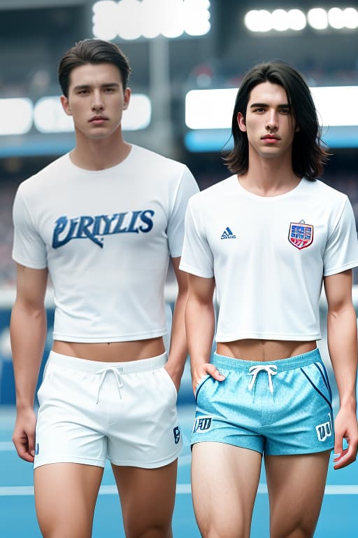  Two porters, a dark haired boy on the left in blue shorts, and a on the right in blue shorts and a white T shirt, at the stadium., ((((cinematic look)))), soothing tones hyperrealistic, full body, detailed clothing, highly detailed, cinematic lighting, stunningly beautiful, intricate, sharp focus, f/1. 8, 85mm, (centered image composition), (professionally color graded), ((bright soft diffused light)), volumetric fog, trending on instagram, trending on tumblr, HDR 4K, 8K