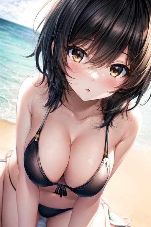  cute anime girl on beach,short black hair,brown eyes,t-string,girl, masterpiece, best quality, extremely detailed background, illustration, beautiful detailed, dramatic light, gorgeous eyes, solo