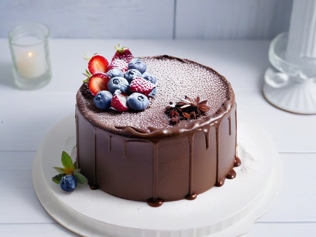  A closeup, photorealistic image of a luscious, decadent chocolate cake made with alternative luxury flours like almond and coconut. The cake should be beautifully garnished with fresh berries, edible flowers, and a light dusting of cocoa powder, all set on an elegant porcelain cake stand. The lighting should be soft, highlighting the rich textures of the cake and creating a mouthwatering, luxurious appeal. hyperrealistic, full body, detailed clothing, highly detailed, cinematic lighting, stunningly beautiful, intricate, sharp focus, f/1. 8, 85mm, (centered image composition), (professionally color graded), ((bright soft diffused light)), volumetric fog, trending on instagram, trending on tumblr, HDR 4K, 8K