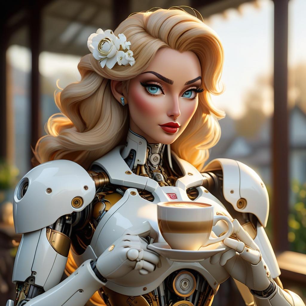  An image of a close up android, featuring a segmented face and body with intricate mechanical parts, showcasing white skin and a voluptuous figure, holding a steaming mug of coffee in its mechanical hand on a veranda during a serene spring morning golden hour. The artwork is rendered in acrylic paint hyperrealism, hyper detailed, and volumetric lighting to enhance the details. This masterpiece is exceptionally high quality, boasting 64K megapixels, 8k high resolution, a color palette of warm tones, a wide dynamic range, and trending on art platforms. hyperrealistic, full body, detailed clothing, highly detailed, cinematic lighting, stunningly beautiful, intricate, sharp focus, f/1. 8, 85mm, (centered image composition), (professionally color graded), ((bright soft diffused light)), volumetric fog, trending on instagram, trending on tumblr, HDR 4K, 8K