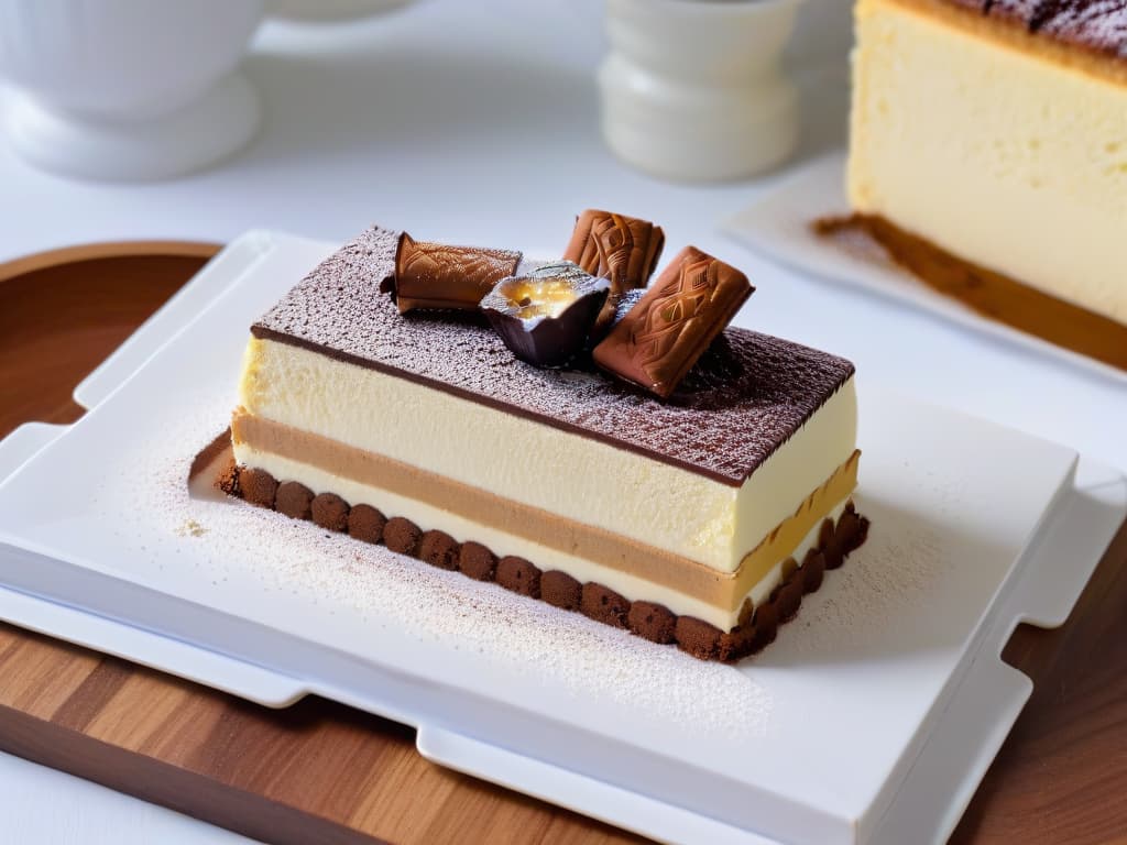  An ultradetailed image of a classic Tiramisú dessert elegantly presented on a white porcelain plate, showcasing layers of espressosoaked ladyfingers, creamy mascarpone cheese, and a generous dusting of cocoa powder. The dessert is garnished with a delicate cocoa powder stencil design on top, and a single espresso bean sits on the side as a finishing touch. The background is a soft focus to highlight the intricate details of the dessert, creating a visually stunning and appetizing minimalist composition. hyperrealistic, full body, detailed clothing, highly detailed, cinematic lighting, stunningly beautiful, intricate, sharp focus, f/1. 8, 85mm, (centered image composition), (professionally color graded), ((bright soft diffused light)), volumetric fog, trending on instagram, trending on tumblr, HDR 4K, 8K