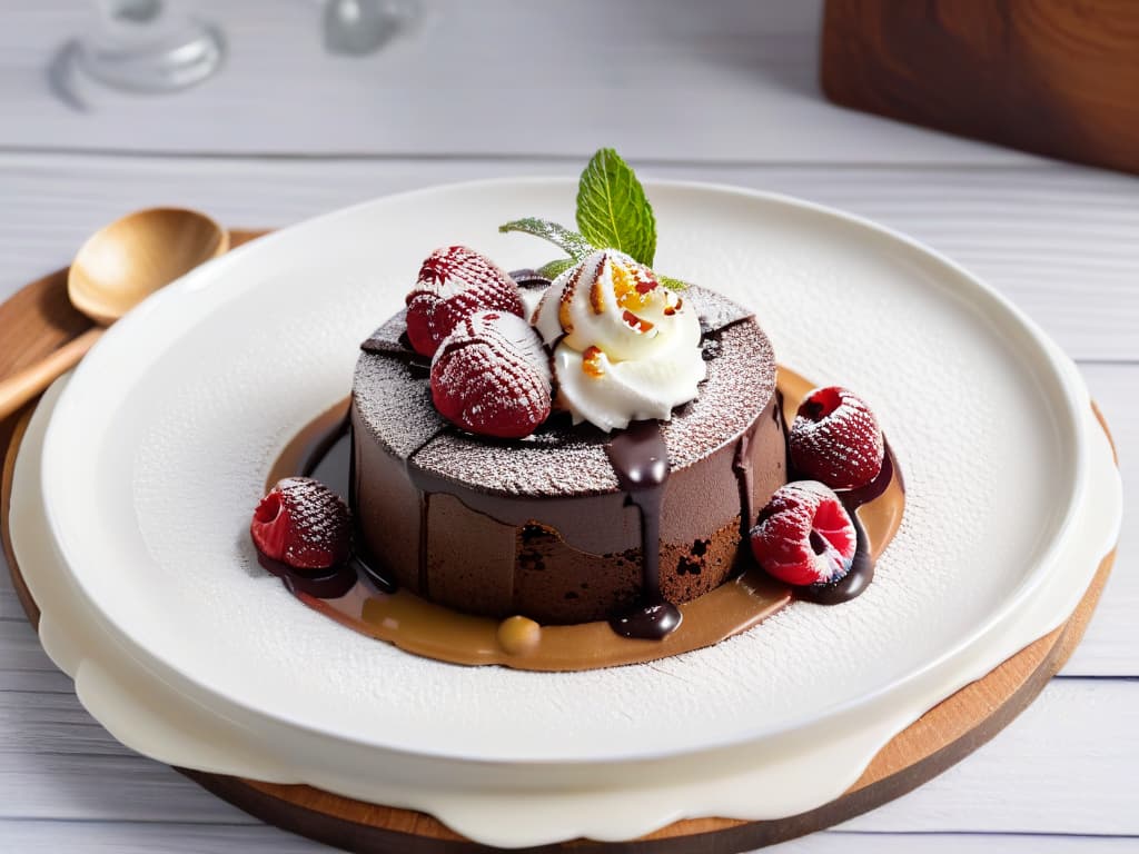  A closeup, photorealistic image of a beautifully plated dessert on a white, elegant ceramic plate. The dessert is a decadent chocolate lava cake with a perfectly molten center oozing out, topped with a scoop of creamy vanilla ice cream, fresh raspberries, and a delicate mint leaf for garnish. The plate is placed on a polished wooden table with soft, diffused natural light highlighting the textures and colors of the dessert, creating a visually stunning and appetizing image. hyperrealistic, full body, detailed clothing, highly detailed, cinematic lighting, stunningly beautiful, intricate, sharp focus, f/1. 8, 85mm, (centered image composition), (professionally color graded), ((bright soft diffused light)), volumetric fog, trending on instagram, trending on tumblr, HDR 4K, 8K