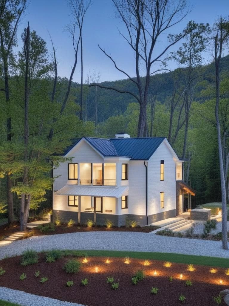 redesign the building exterior in a modern minimalist architectural style, featuring smooth white concrete walls, large glass windows, clean lines, and ambient exterior lighting. replace traditional design elements with sleek, contemporary finishes. keep the perspective and overall structure intact