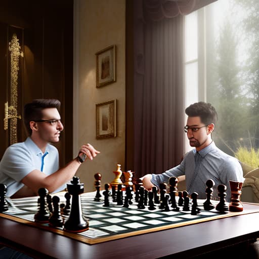 mdjrny-v4 style a chess bord a boy play chess annimation hyperrealistic, full body, detailed clothing, highly detailed, cinematic lighting, stunningly beautiful, intricate, sharp focus, f/1. 8, 85mm, (centered image composition), (professionally color graded), ((bright soft diffused light)), volumetric fog, trending on instagram, trending on tumblr, HDR 4K, 8K