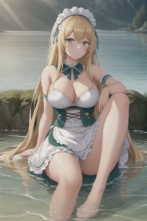  (score 9,score 8 up,score 7 up,),1girl,solo,maid,maid headdress,looking at viewer,outdoor,lake,apron,blonde hair,indoors,green eyes,bare foot,two feet in the water hyperrealistic, full body, detailed clothing, highly detailed, cinematic lighting, stunningly beautiful, intricate, sharp focus, f/1. 8, 85mm, (centered image composition), (professionally color graded), ((bright soft diffused light)), volumetric fog, trending on instagram, trending on tumblr, HDR 4K, 8K