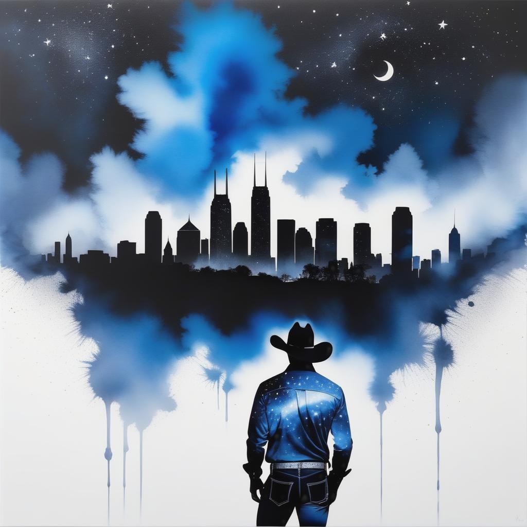  an exquisite ink painting on white paper that\'s the perfect piece of multiple exposure art. This piece should combine the volume-shaded silhouette of a male figure in a cowboy’s cap track pants, (Cowboy’s Jersey), under a starry Dallas skyline night sky,with blue smoke and a splash of paint\". Whole image is in a Quarter Coin look and Embossed just like a Coin.With (Dallas Texas) going around the face on the coin., Spelling is Precise! Navy Blue and Silver Smoke with Barley Visible helmets in the smoke! With white background. hyperrealistic, full body, detailed clothing, highly detailed, cinematic lighting, stunningly beautiful, intricate, sharp focus, f/1. 8, 85mm, (centered image composition), (professionally color graded), ((bright soft diffused light)), volumetric fog, trending on instagram, trending on tumblr, HDR 4K, 8K