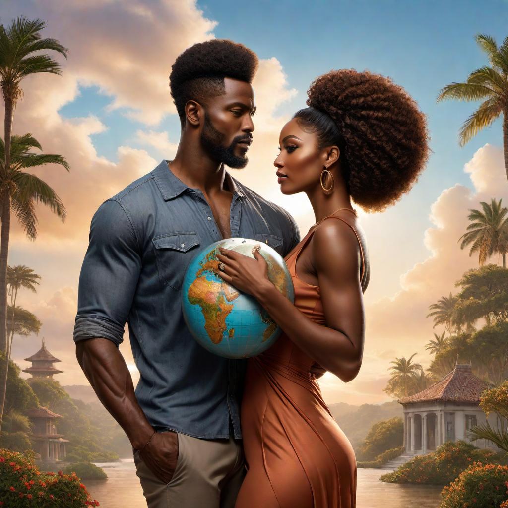  An African-American male carrying an African-American woman. The woman has a globe symbolizing the world on her back. The background is a soft, supportive setting that emphasizes care and strength. The scene portrays unity, resilience, and support, with a focus on the emotional connection and strength shared between the two figures. hyperrealistic, full body, detailed clothing, highly detailed, cinematic lighting, stunningly beautiful, intricate, sharp focus, f/1. 8, 85mm, (centered image composition), (professionally color graded), ((bright soft diffused light)), volumetric fog, trending on instagram, trending on tumblr, HDR 4K, 8K