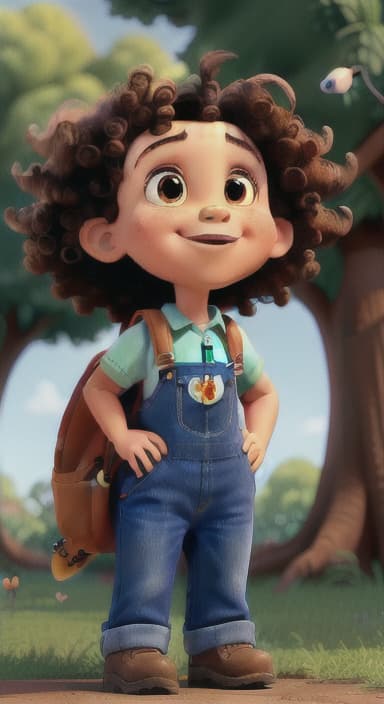  {Riley looking up at the tree with a big smile, animals surrounding them., Riley, a curious with big brown eyes and curly hair, wearing overalls and carrying a small backpack. Their friend, Skye, a bluebird with shiny feathers.