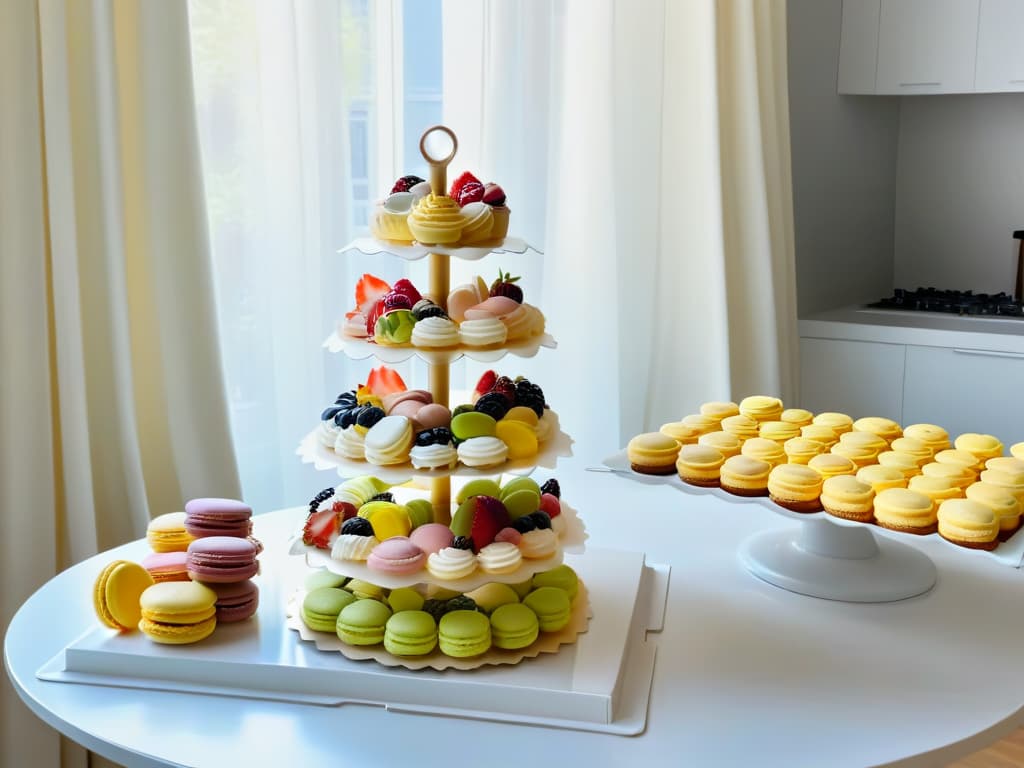  An ultradetailed image of a serene, sunlit kitchen filled with an array of meticulously crafted pastries and cakes. The minimalist design showcases a pristine marble countertop adorned with delicate pastelcolored macarons, intricately decorated cupcakes, and a beautifully layered cake crowned with fresh berries. Soft natural light filters through sheer curtains, casting a warm glow over the expertly arranged pastries, creating an atmosphere of culinary artistry and tranquility. hyperrealistic, full body, detailed clothing, highly detailed, cinematic lighting, stunningly beautiful, intricate, sharp focus, f/1. 8, 85mm, (centered image composition), (professionally color graded), ((bright soft diffused light)), volumetric fog, trending on instagram, trending on tumblr, HDR 4K, 8K