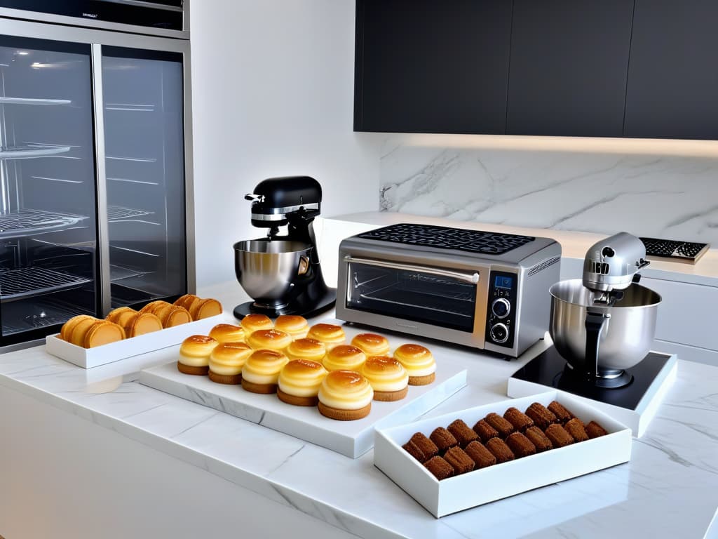  An ultradetailed, 8k image of a sleek, modern kitchen filled with stateoftheart highend pastry equipment such as a topoftheline stand mixer, a shiny marble countertop with neatly arranged pastry tools, a professionalgrade oven, and a display of exquisite desserts showcasing the latest trends in pastry making. The image exudes elegance and sophistication, with a minimalist design aesthetic that highlights the beauty and precision of the equipment, inspiring readers to invest in the latest trends to elevate their pastry creations. hyperrealistic, full body, detailed clothing, highly detailed, cinematic lighting, stunningly beautiful, intricate, sharp focus, f/1. 8, 85mm, (centered image composition), (professionally color graded), ((bright soft diffused light)), volumetric fog, trending on instagram, trending on tumblr, HDR 4K, 8K