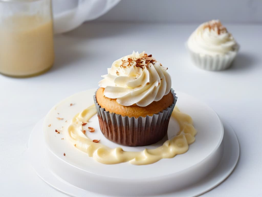  A closeup, ultradetailed image of a glossy, perfectly baked coconut oilinfused cupcake, topped with swirls of creamy coconut oil frosting and delicate coconut shavings. The cupcake sits on a sleek, white marble countertop, casting a subtle, soft shadow underneath. The lighting is natural and highlights the intricate texture of the cupcake, showcasing the benefits and beauty of using coconut oil in baking. hyperrealistic, full body, detailed clothing, highly detailed, cinematic lighting, stunningly beautiful, intricate, sharp focus, f/1. 8, 85mm, (centered image composition), (professionally color graded), ((bright soft diffused light)), volumetric fog, trending on instagram, trending on tumblr, HDR 4K, 8K