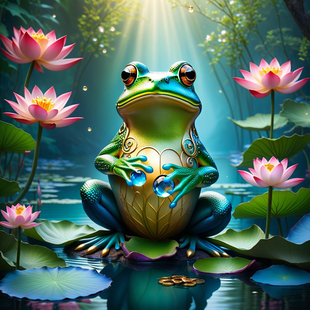  ethereal fantasy concept art of (Background): a lake with blooming lotuses of different shades: from white pink to bright crimson and leaves of tender green colour. The sky above the lake of dark blue colour with golden stars scattered on it. (Fantasy Princess Frog): in the centre of the lake on the biggest lotus flower sits a charming frog in a golden crown decorated with blue and blue precious stones. In his paws he holds a ring decorated with blue stones. Style: fantasy, Russian fairy tales, illustrations. . magnificent, celestial, ethereal, painterly, epic, majestic, magical, fantasy art, cover art, dreamy hyperrealistic, full body, detailed clothing, highly detailed, cinematic lighting, stunningly beautiful, intricate, sharp focus, f/1. 8, 85mm, (centered image composition), (professionally color graded), ((bright soft diffused light)), volumetric fog, trending on instagram, trending on tumblr, HDR 4K, 8K