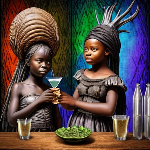  Alice and a African girl having a drink at a wild drinking party, stable diffusion, absolute reality v1.6, in the style of hr giger