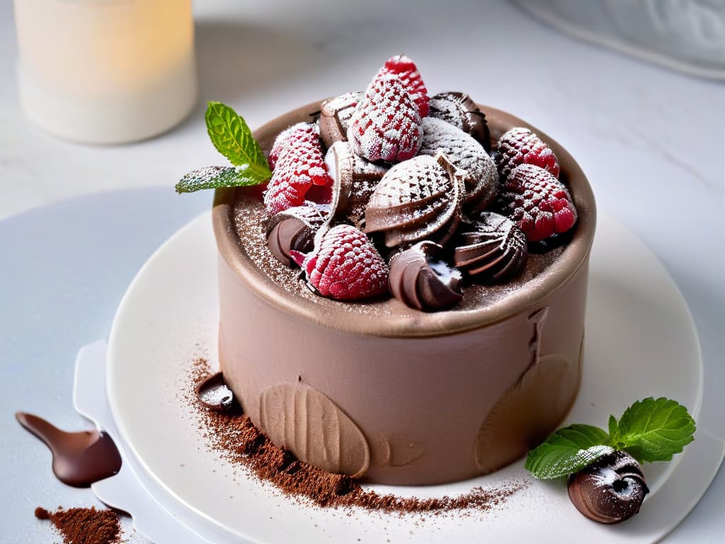  An ultradetailed closeup image of a decadent vegan chocolate mousse topped with fresh raspberries, mint leaves, and a dusting of cocoa powder, elegantly presented in a sleek white porcelain ramekin on a marble countertop. The rich, velvety texture of the mousse glistens under soft, natural lighting, highlighting the intricate swirls and peaks that hint at its indulgent flavor. The vibrant red of the raspberries pops against the dark chocolate, while the delicate green of the mint adds a touch of freshness to this visually stunning and mouthwatering dessert. hyperrealistic, full body, detailed clothing, highly detailed, cinematic lighting, stunningly beautiful, intricate, sharp focus, f/1. 8, 85mm, (centered image composition), (professionally color graded), ((bright soft diffused light)), volumetric fog, trending on instagram, trending on tumblr, HDR 4K, 8K