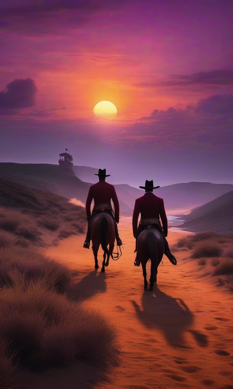  nautical themed Wild West. The sun is setting behind the horizon, painting the sky with purple and orange hues. In the background, against the backdrop of the sunset, stand two anthropomorphic figures: Brother Rabbit in a cowboy hat, with a sheath on his waist, and Brother Hare wearing a velvet suit, holding a cane. Both are looking towards the dusty road where the silhouette of a lone rider can be seen. The atmosphere is tense, full of mystery and anticipation. . sea, ocean, ships, maritime, beach, marine life, highly detailed hyperrealistic, full body, detailed clothing, highly detailed, cinematic lighting, stunningly beautiful, intricate, sharp focus, f/1. 8, 85mm, (centered image composition), (professionally color graded), ((bright soft diffused light)), volumetric fog, trending on instagram, trending on tumblr, HDR 4K, 8K