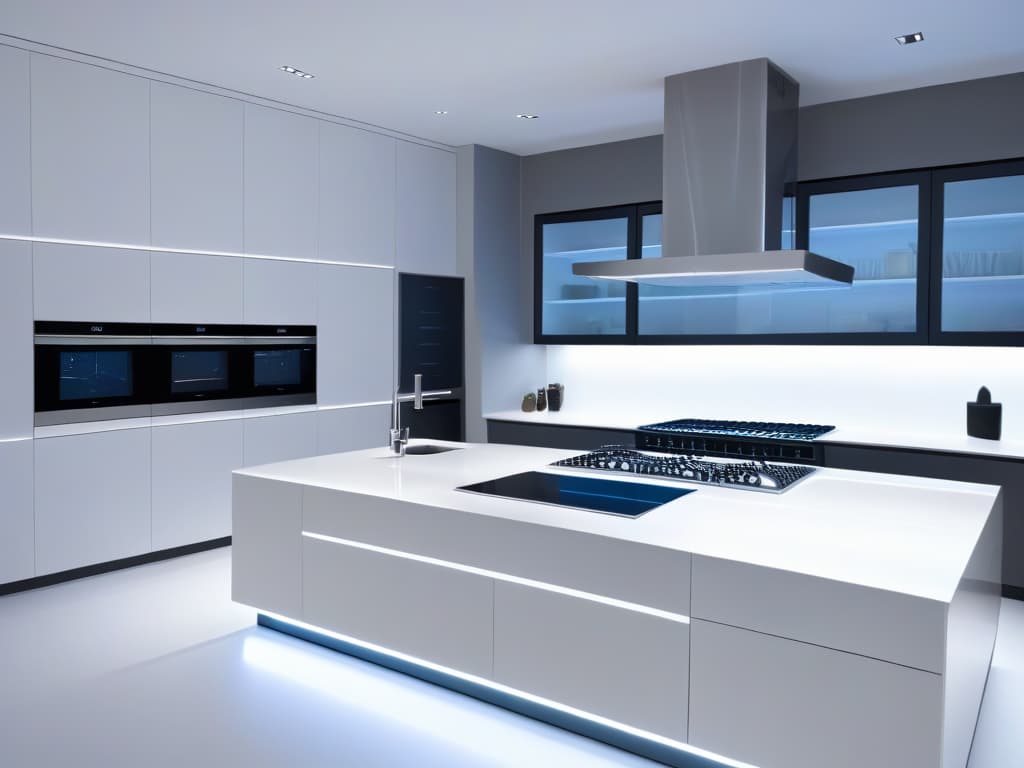  An ultradetailed image of a sleek, modern kitchen with stateoftheart digital cooking appliances seamlessly integrated into the design. The image showcases a minimalist aesthetic with clean lines, hightech gadgets, and a touch of warmth through soft lighting. The appliances are sleek and futuristic, hinting at the seamless fusion of technology and traditional cooking methods in a home kitchen setting. hyperrealistic, full body, detailed clothing, highly detailed, cinematic lighting, stunningly beautiful, intricate, sharp focus, f/1. 8, 85mm, (centered image composition), (professionally color graded), ((bright soft diffused light)), volumetric fog, trending on instagram, trending on tumblr, HDR 4K, 8K