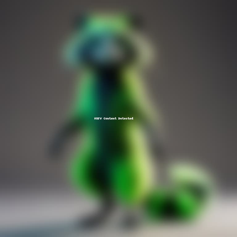  Subject Detail: The image depicts a unique creature that combines the features of an alien and a raccoon. The creature stands upright, its body covered in vibrant fluorescent green fur that shimmers against the light. Its pointed ears, resembling those of a raccoon, protrude from its head. The creature's sleek and slender body extends into a long, sinuous tail, which curls playfully in the air. Its face, showing a mischievous smirk, is dominated by a pair of piercing yellow eyes that emit an eerie glow, giving the creature an otherworldly presence.

Medium: Digital art.

Art Style: Surrealist.

Image Type: Illustration.

Resolution and Focus: High resolution, capturing all intricate details of the creature's features and textures.

Typograp