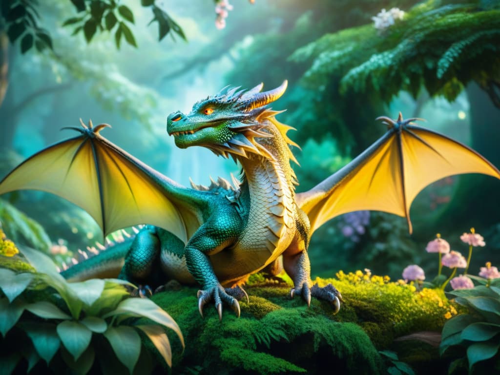  An enchanting scene of a majestic dragon and a graceful fairy standing together in a mystical forest, surrounded by vibrant flowers and sparkling fireflies. The dragon's scales glisten in the sunlight, while the fairy's wings shimmer with iridescent colors. The backdrop is a lush, enchanted forest filled with ancient trees and soft, misty light filtering through the leaves. The overall mood is magical and otherworldly, capturing the essence of a world where dragons and fairies coexist in harmony. hyperrealistic, full body, detailed clothing, highly detailed, cinematic lighting, stunningly beautiful, intricate, sharp focus, f/1. 8, 85mm, (centered image composition), (professionally color graded), ((bright soft diffused light)), volumetric fog, trending on instagram, trending on tumblr, HDR 4K, 8K