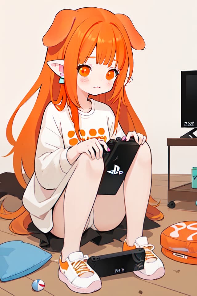  Dog girl with long hair and sagging ears loves to play games,Her shy face is so cute,gaming wear,playstation,orange hair