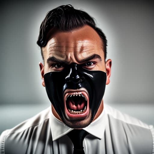 portrait+ style extremely realistic, richly colored 8k resolution photo of sir nightmare, in black suit, angry face, bright eyes, open wide mouth, sharp long fangs, strong muscles, denoise, sophisticated illustration