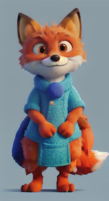  {Error the fox pressing the blue button with his paw, looking puzzled as nothing occurs., Error is a small, bright orange fox with a fluffy tail and big, inquisitive eyes. He has a mischievous yet kind expression and wears a tiny green scarf.