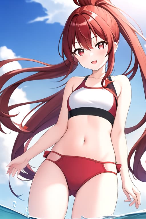  A high quality image of a beautiful small chested girl with long ponytail dark red hair and detailed amber coloured eyes wearing and swimming