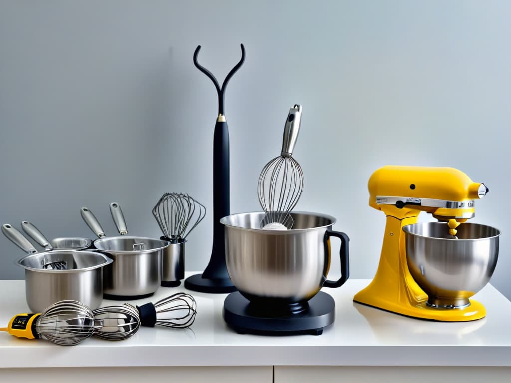  An ultradetailed image of a sleek, modern kitchen countertop featuring an assortment of highend electric whisks neatly arranged next to a stack of pastelcolored mixing bowls. The varillas eléctricas exude a sense of elegance and precision, with their glossy finishes catching the light in a captivating manner. The overall aesthetic is minimalist yet luxurious, perfectly encapsulating the essence of professionalgrade baking tools for the discerning pastry chef. hyperrealistic, full body, detailed clothing, highly detailed, cinematic lighting, stunningly beautiful, intricate, sharp focus, f/1. 8, 85mm, (centered image composition), (professionally color graded), ((bright soft diffused light)), volumetric fog, trending on instagram, trending on tumblr, HDR 4K, 8K