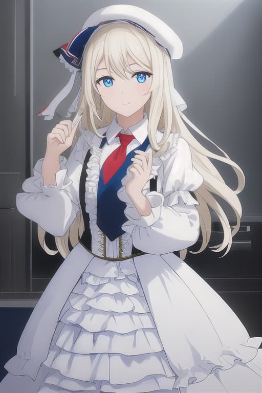  ((masterpiece:1.4,best quality)),((masterpiece,bestquality))((very cute girl:1.3))((white coat:1.3))((white long hair:1.3))(((black ruffle shirt:1.3)))((red tie:1.3))(((blue eyes:1.3)))((gles:1.3))((grin:1.3))((portrait:1.3)) hyperrealistic, full body, detailed clothing, highly detailed, cinematic lighting, stunningly beautiful, intricate, sharp focus, f/1. 8, 85mm, (centered image composition), (professionally color graded), ((bright soft diffused light)), volumetric fog, trending on instagram, trending on tumblr, HDR 4K, 8K