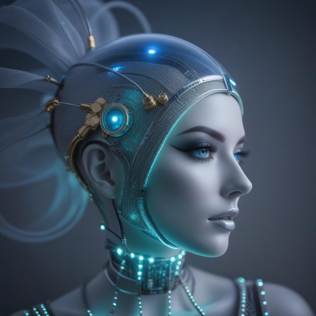  A metal silver with a gold robot, the wires in a blue glow with a beautiful face of a girl are visible.Style art hyperrealistic, full body, detailed clothing, highly detailed, cinematic lighting, stunningly beautiful, intricate, sharp focus, f/1. 8, 85mm, (centered image composition), (professionally color graded), ((bright soft diffused light)), volumetric fog, trending on instagram, trending on tumblr, HDR 4K, 8K