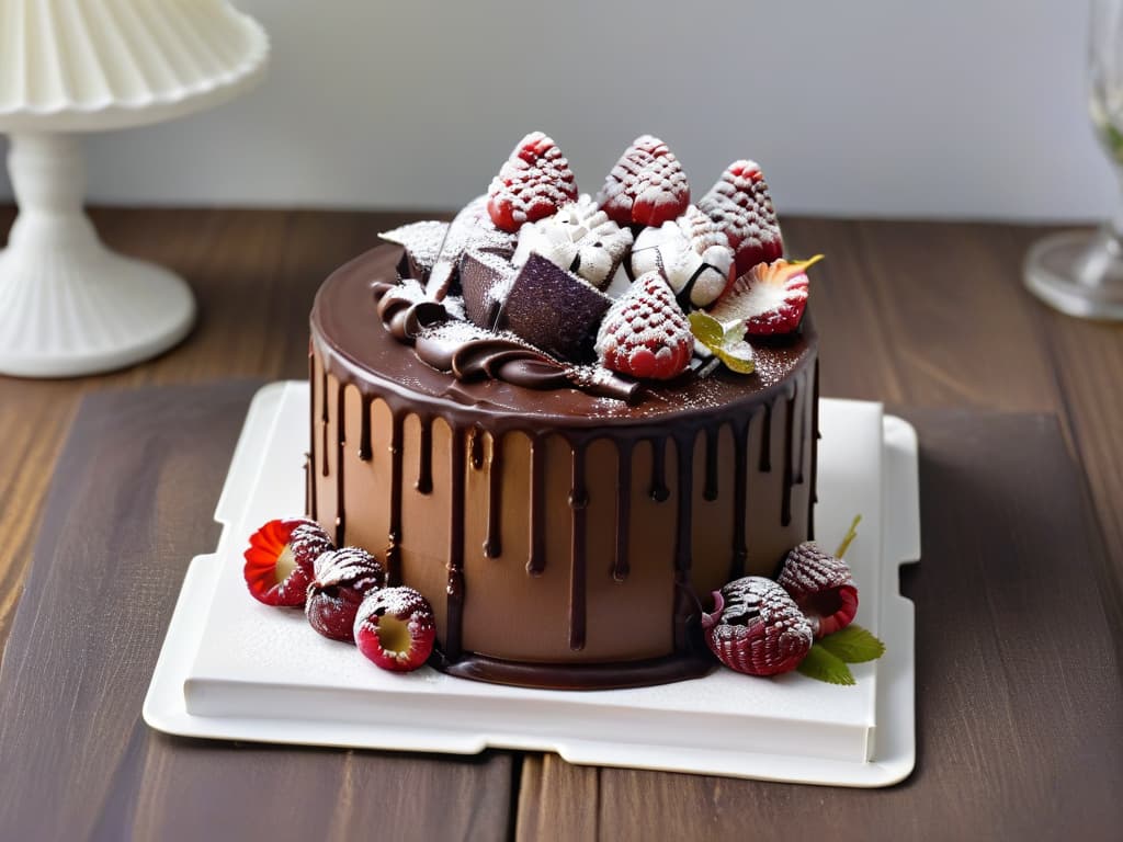  A closeup, ultradetailed image of a decadent vegan chocolate cake with a rich, glossy ganache dripping down the sides, topped with fresh raspberries and delicate edible flowers. The cake is displayed on a sleek, minimalist white plate, emphasizing the intricate textures and vibrant colors of the dessert. hyperrealistic, full body, detailed clothing, highly detailed, cinematic lighting, stunningly beautiful, intricate, sharp focus, f/1. 8, 85mm, (centered image composition), (professionally color graded), ((bright soft diffused light)), volumetric fog, trending on instagram, trending on tumblr, HDR 4K, 8K