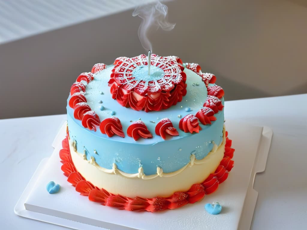  A closeup, ultrahighdefinition image of a baker's hands delicately piping intricate details onto a beautifully crafted cake, showcasing precision and artistry in pastry decoration. The image captures the vibrant colors of the frosting against the backdrop of a pristine white kitchen, with soft natural light illuminating the scene, highlighting the skill and craftsmanship involved in creating delectable treats. hyperrealistic, full body, detailed clothing, highly detailed, cinematic lighting, stunningly beautiful, intricate, sharp focus, f/1. 8, 85mm, (centered image composition), (professionally color graded), ((bright soft diffused light)), volumetric fog, trending on instagram, trending on tumblr, HDR 4K, 8K