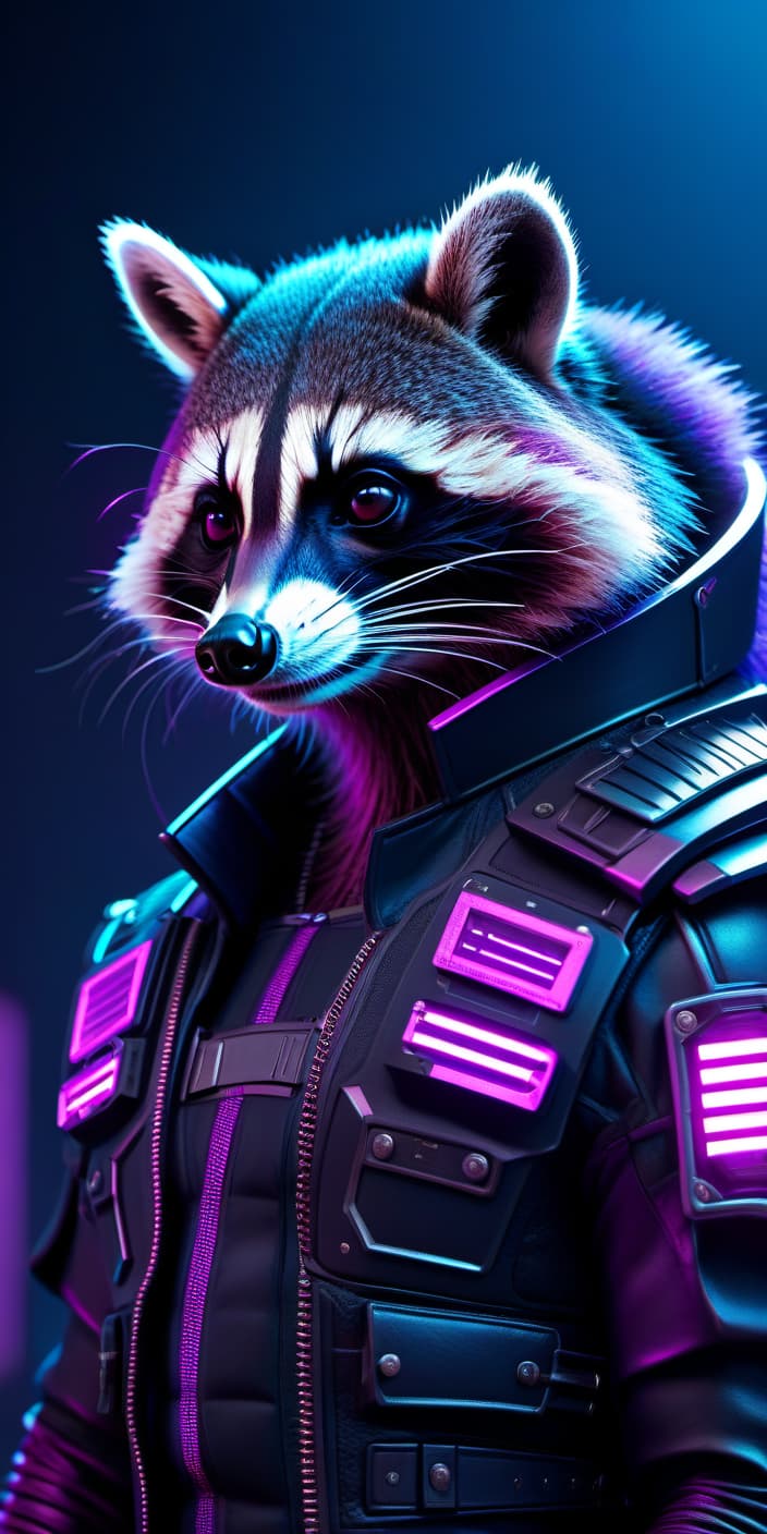  neonpunk style Raccoon, futuristic armor, cigarette . cyberpunk, vaporwave, neon, vibes, vibrant, stunningly beautiful, crisp, detailed, sleek, ultramodern, magenta highlights, dark purple shadows, high contrast, cinematic, ultra detailed, intricate, professional hyperrealistic, full body, detailed clothing, highly detailed, cinematic lighting, stunningly beautiful, intricate, sharp focus, f/1. 8, 85mm, (centered image composition), (professionally color graded), ((bright soft diffused light)), volumetric fog, trending on instagram, trending on tumblr, HDR 4K, 8K