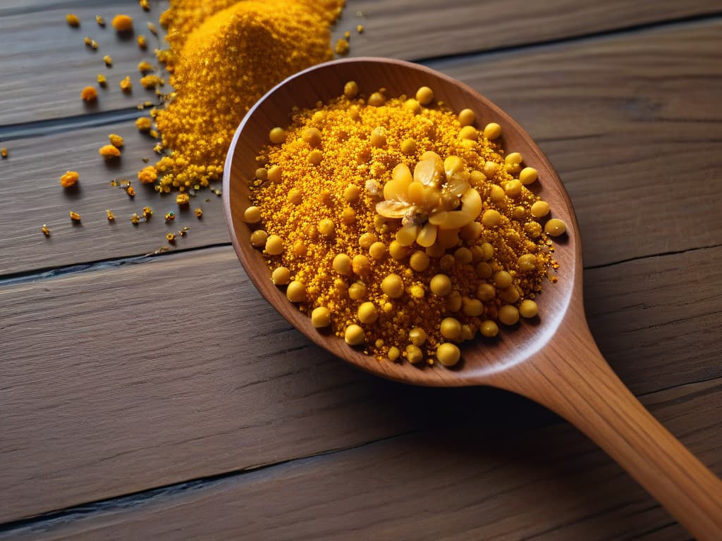  A closeup, ultradetailed image of a small wooden spoon delicately scooping up vibrant golden bee pollen granules, with a soft, natural light casting a subtle shadow beneath it. The intricate texture of the tiny pollen pieces is highlighted, showcasing their unique shape and color against the warm wooden backdrop, creating a visually captivating and serene composition that evokes a sense of natural beauty and culinary delight. hyperrealistic, full body, detailed clothing, highly detailed, cinematic lighting, stunningly beautiful, intricate, sharp focus, f/1. 8, 85mm, (centered image composition), (professionally color graded), ((bright soft diffused light)), volumetric fog, trending on instagram, trending on tumblr, HDR 4K, 8K