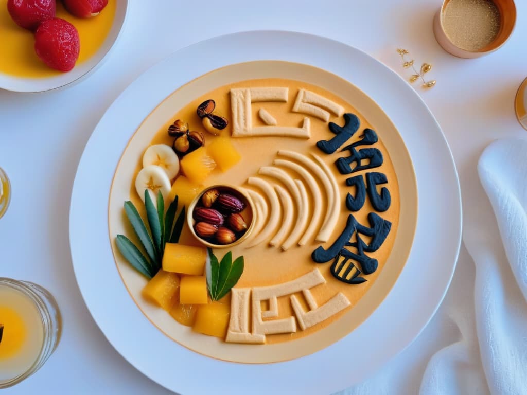  An 8k ultradetailed image of a sleek, minimalistic dessert plate presentation inspired by ancient Egyptian art. The dessert features intricate patterns resembling hieroglyphics on the plate, with edible gold accents shimmering under soft, warm lighting. The dessert itself is a fusion of traditional Egyptian ingredients like dates and honey blended with modern techniques, displayed elegantly on the plate. The overall aesthetic is sophisticated, artistic, and mesmerizing, perfectly capturing the essence of ancient Egyptian culinary inspiration. hyperrealistic, full body, detailed clothing, highly detailed, cinematic lighting, stunningly beautiful, intricate, sharp focus, f/1. 8, 85mm, (centered image composition), (professionally color graded), ((bright soft diffused light)), volumetric fog, trending on instagram, trending on tumblr, HDR 4K, 8K