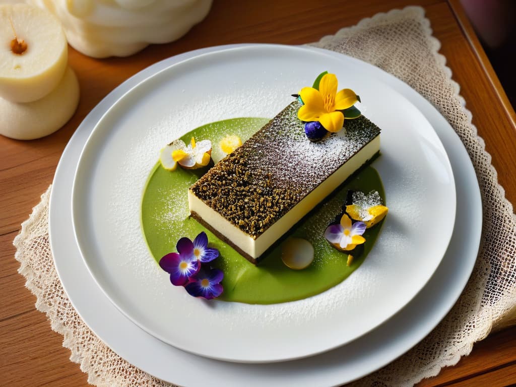  A highresolution, ultradetailed image of a beautifully plated Australian dessert incorporating native Bush Tucker ingredients. The dessert is elegantly presented on a minimalist white plate, showcasing intricate layers of colorful elements such as Kakadu plum, lemon myrtle, and wattleseed. The dish is garnished with delicate edible flowers and dusted with a fine sprinkle of indigenous spices, creating a visually stunning and appetizing composition. hyperrealistic, full body, detailed clothing, highly detailed, cinematic lighting, stunningly beautiful, intricate, sharp focus, f/1. 8, 85mm, (centered image composition), (professionally color graded), ((bright soft diffused light)), volumetric fog, trending on instagram, trending on tumblr, HDR 4K, 8K