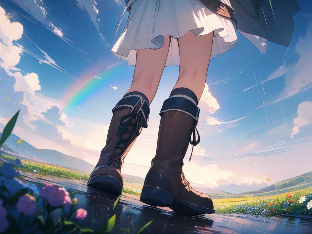  Rain, rainbow, boots in boots, flowers are blooming, bright, blue hair, masterpiece, best quality,8k,ultra detailed,high resolution,an extremely delicate and beautiful,hyper detail