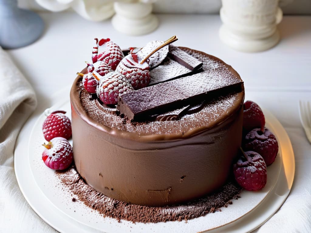  An intricately decorated chocolate mousse cake topped with fresh raspberries and a dusting of cocoa powder, set on a delicate porcelain plate with a silver fork resting beside it. The cake's layers are visible, showcasing the rich chocolate filling and fluffy mousse, while the raspberries glisten with freshness, inviting the viewer to indulge in this decadent yet guiltfree dessert. The lighting highlights the textures and colors, making it a visually appealing and appetizing image for the article. hyperrealistic, full body, detailed clothing, highly detailed, cinematic lighting, stunningly beautiful, intricate, sharp focus, f/1. 8, 85mm, (centered image composition), (professionally color graded), ((bright soft diffused light)), volumetric fog, trending on instagram, trending on tumblr, HDR 4K, 8K