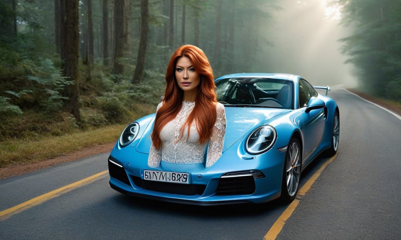  watercolor painting forest road, a with russet hair down to her shoulders, in lace , next to a Porsche 911 Carrera S in the color of mayan blue. . vint, beautiful, painterly, detailed, textural, artistic hyperrealistic, full body, detailed clothing, highly detailed, cinematic lighting, stunningly beautiful, intricate, sharp focus, f/1. 8, 85mm, (centered image composition), (professionally color graded), ((bright soft diffused light)), volumetric fog, trending on instagram, trending on tumblr, HDR 4K, 8K