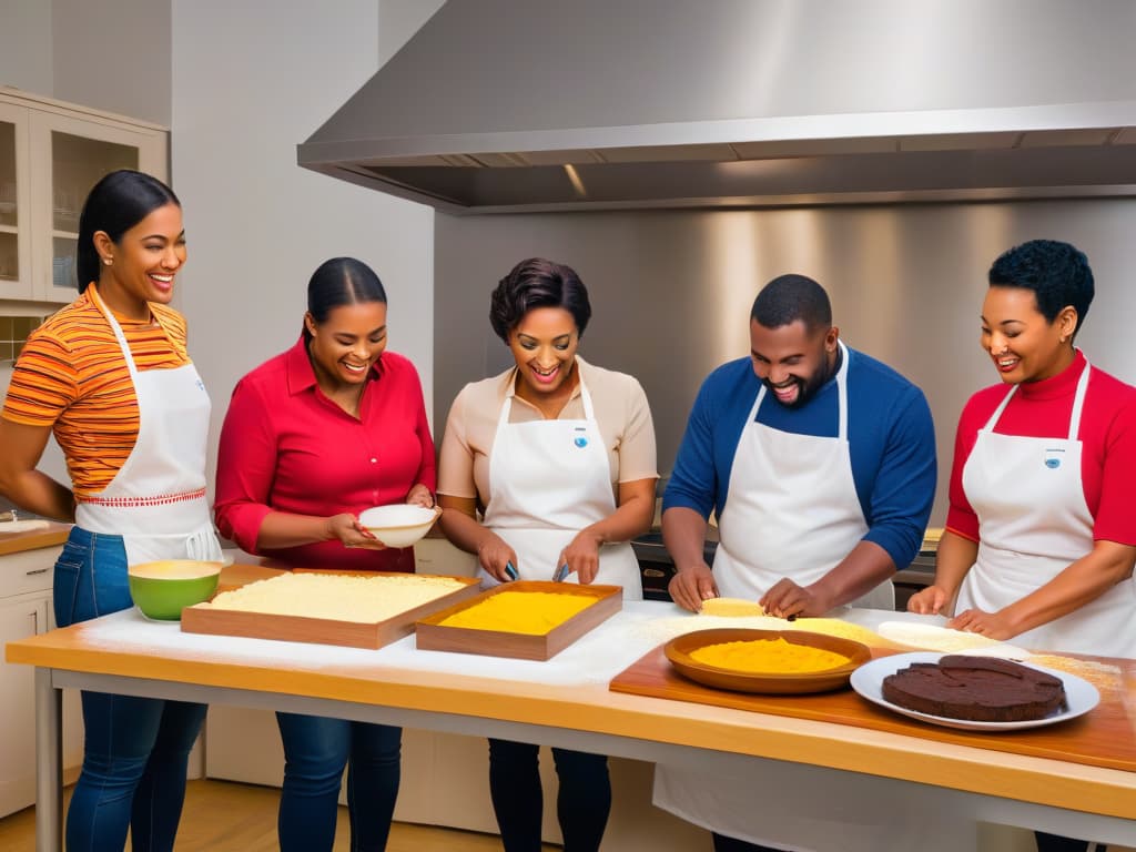  An ultradetailed, highresolution image of a diverse group of individuals with hearing impairments happily engaged in a baking session together. Each person is focused on a different aspect of the baking process, showcasing teamwork and inclusivity. The kitchen is filled with colorful ingredients and utensils, emphasizing the joy and creativity of adapted baking for those with hearing impairments. hyperrealistic, full body, detailed clothing, highly detailed, cinematic lighting, stunningly beautiful, intricate, sharp focus, f/1. 8, 85mm, (centered image composition), (professionally color graded), ((bright soft diffused light)), volumetric fog, trending on instagram, trending on tumblr, HDR 4K, 8K