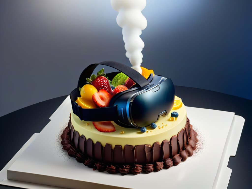  A minimalist, ultradetailed 8k image of a virtual reality headset projecting intricate, colorful, and futuristic dessert designs floating in a digital space. The desserts show a perfect blend of traditional and modern elements, including delicate sugar sculptures, vibrant glazes, and innovative techniques, all set against a sleek, black VR background to convey a sense of cuttingedge creativity in the realm of pastry arts. hyperrealistic, full body, detailed clothing, highly detailed, cinematic lighting, stunningly beautiful, intricate, sharp focus, f/1. 8, 85mm, (centered image composition), (professionally color graded), ((bright soft diffused light)), volumetric fog, trending on instagram, trending on tumblr, HDR 4K, 8K