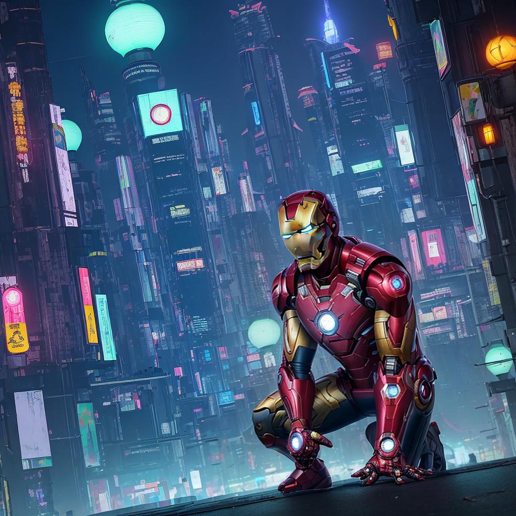  masterpiece, best quality, Kualitas terbaik, mahakarya, resolusi 8k, realistis, sangat detail, close up Iron Man. Dalam pemandangan malam kota bergaya cyberpunk, dia berdiri di jalan yang dipenuhi gedung-gedung tinggi. Lampu malam kota terang benderang, Gedung-gedung dan jalan-jalan di sekitarnya dipenuhi dengan elemen cyberpunk seperti lampu neon, perangkat berteknologi tinggi, dan desain arsitektur futuristik.