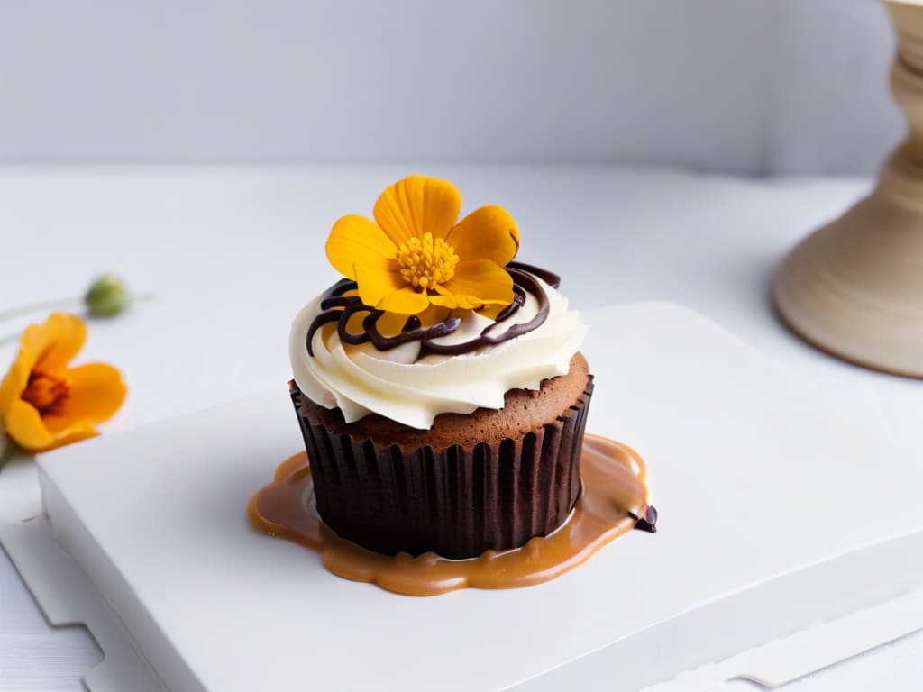  An ultradetailed closeup image of a delicate, intricately decorated cupcake featuring ethically sourced and fair trade chocolate shavings, organic edible flowers, and a drizzle of sustainably sourced caramel sauce on a pristine white plate. The cupcake is perfectly frosted with a smooth swirl of pastelcolored buttercream, showcasing an elegant yet minimalistic presentation that embodies the essence of sustainability in pastry making. hyperrealistic, full body, detailed clothing, highly detailed, cinematic lighting, stunningly beautiful, intricate, sharp focus, f/1. 8, 85mm, (centered image composition), (professionally color graded), ((bright soft diffused light)), volumetric fog, trending on instagram, trending on tumblr, HDR 4K, 8K