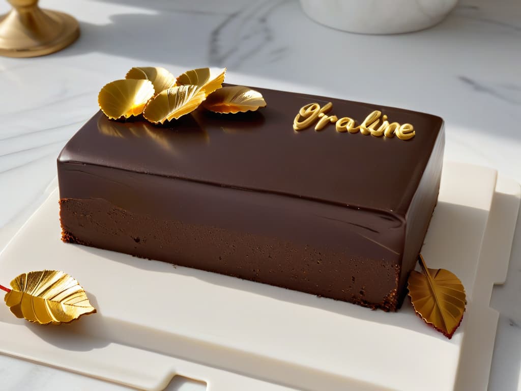  A closeup, ultradetailed image of a luxurious chocolate praline with a shiny, perfectly smooth surface, adorned with delicate gold leaf accents, resting on a pristine white marble surface. The lighting is soft, highlighting the intricate details of the praline's design and the richness of the chocolate. The image exudes elegance, sophistication, and indulgence, embodying the essence of Belgian chocolate craftsmanship. hyperrealistic, full body, detailed clothing, highly detailed, cinematic lighting, stunningly beautiful, intricate, sharp focus, f/1. 8, 85mm, (centered image composition), (professionally color graded), ((bright soft diffused light)), volumetric fog, trending on instagram, trending on tumblr, HDR 4K, 8K