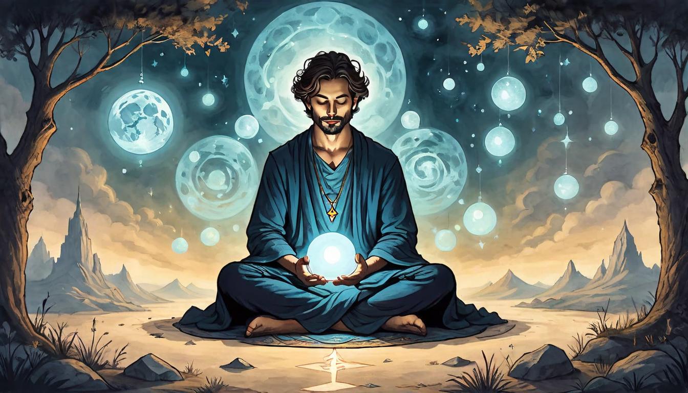  on parchment, surrealism+++, Person sitting cross legged in meditation, serene surroundings, light of dawn, clear intentions visualized as glowing orbs around them, sense of purpose, mindfulness practice(mysterious, provocative, symbolic,muted color)+++