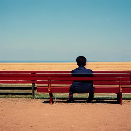  a boy sitting on the bench with his back doing nothing, Analog